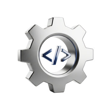 Metallic gear cog with integrated code brackets symbol representing technology, programming, and engineering services.
