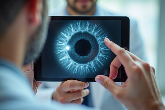 Close-Up of a Doctor's Hands Navigating a Retinal Scan on a Digital Tablet, with a Patient in the Background, Highlighting Collaborative Diabetes Management