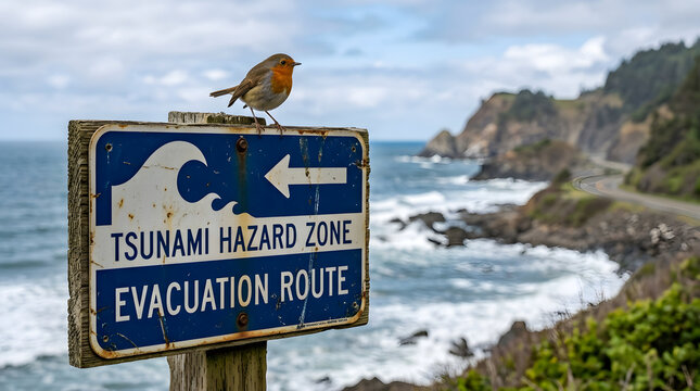 A small bird resting on a tsunami evacuation route sign by the ocean