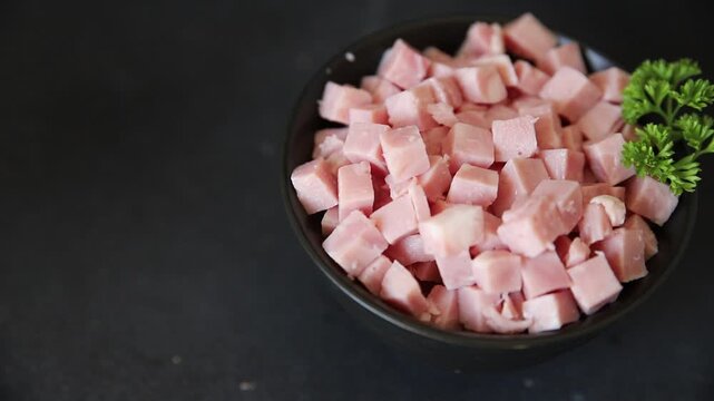 Ham cubed pork cold cuts pork meat delicious appetizer, gourmet dish table setting food background rustic style dish, top view, text space
