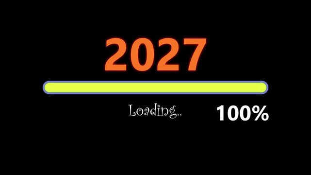Year 2027 loading animation bar filling up to one hundred percent on clean black background motion graphic design for new year calendar or countdown footage clip.