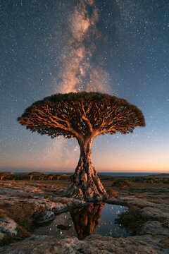 View of the milky way above the dragon blood tree with reflection in water during twilight on Socotra Island