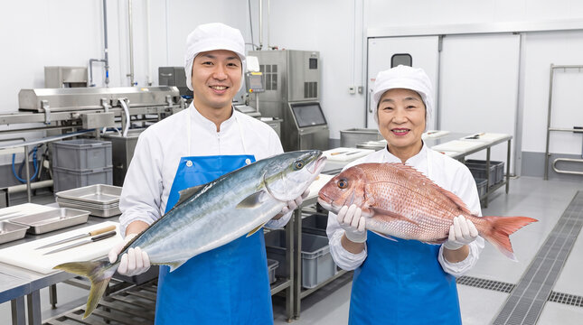 水産加工会社で鮮魚を持つ加工スタッフ