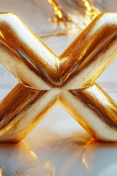 A golden letter X sits atop a white marble surface. vertical frame