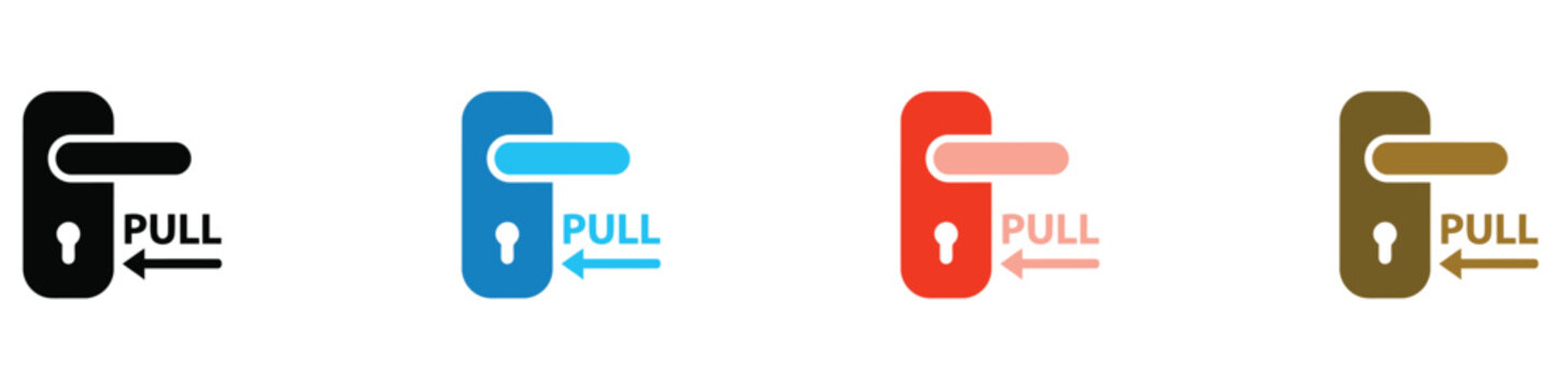 Four colorful pull door handle icons with arrow signs, vector graphics for building signage