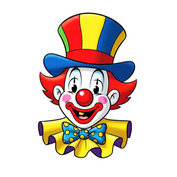 Happy cartoon clown face with colorful hat and bow tie, evoking celebration, fun, and entertainment.