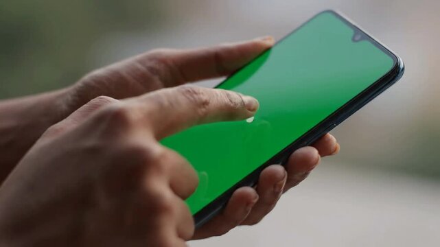 Person using smartphone with green screen for chroma key compositing and app testing mobile app hand