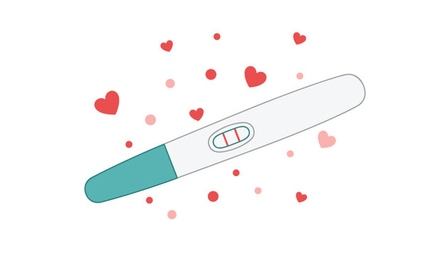 Positive pregnancy test displaying two red lines is surrounded by floating red and pink hearts on a plain white background.