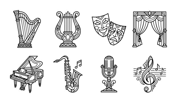 Musical Instruments and Performance Icons: Harp, Lyre, Piano, Saxophone, Microphone, Theater Masks, Music Notes