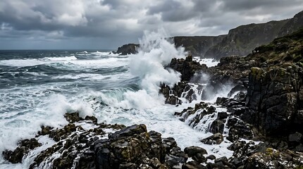 Fototapeta premium Powerful ocean waves crashing against rocky coastline.