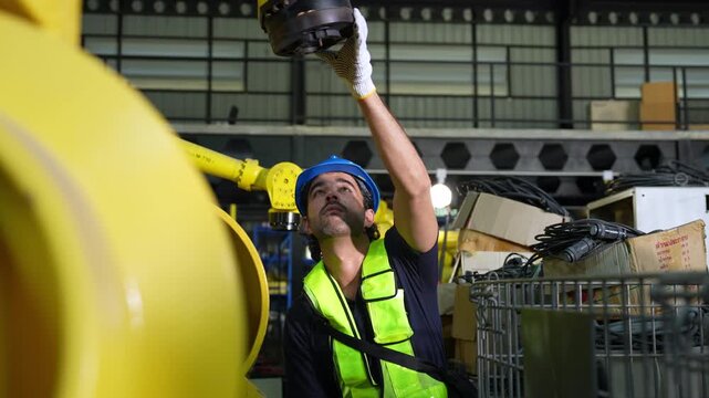 Industrial engineer inspecting a robotic arm machine in an automated manufacturing factory, robotics, automation, smart manufacturing, machine maintenance, quality control and Industry technology.