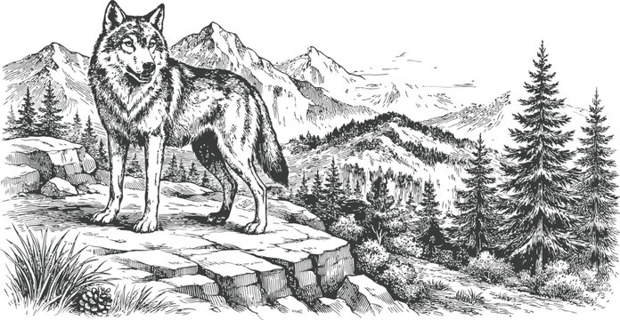 Wild wolf standing on cliff edge in mountain forest landscape vintage etching style for outdoor art.