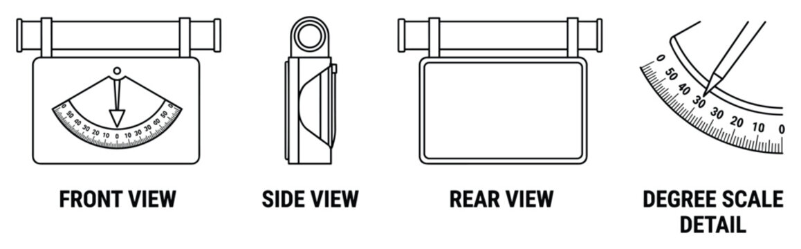 Clinometer for measuring incline with degree scale shown from multiple views.