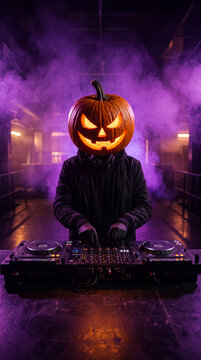 A spooky festival disc jockey wearing a glowing carved jack o lantern head performs electronic dance music inside a dark atmospheric nightclub filled with thick purple smoke effects
