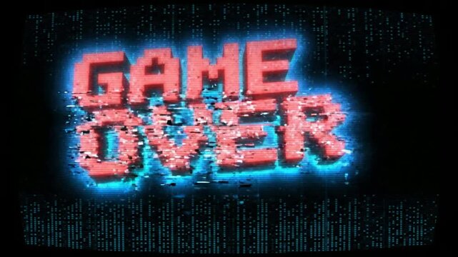 Retro game over screen with glitch effect and neon pixel typography animation arcade pixel glitch digital