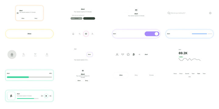 Minimalist UI kit elements, modern dashboard user interface components, clean web design widgets and mobile app buttons