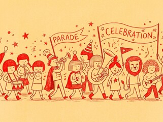 Fototapeta premium Whimsical Hand-Drawn Children's Parade Celebration Illustration