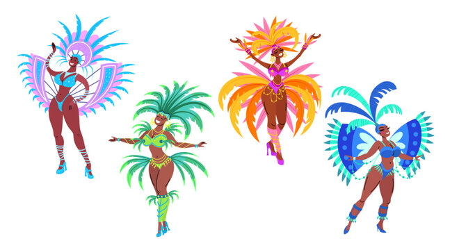 Set of colorful samba dancers in feather costumes. Traditional Brazilian women in vibrant carnival outfit. Vector illustrations collection isolated on white.
