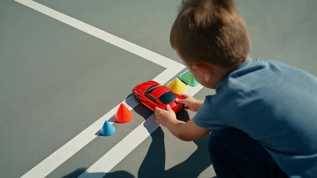 Child pushes bright red toy sports car along white painted track lines between colorful marker cones, viewed from above in strong sunlight with crisp shadows and playful movement