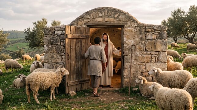 Jesus as good shepherd greeting man at door of stone sheepfold with flock of sheep grazing on green hillside. Biblical parable of faith and salvation. Christian religion concept for church and easter