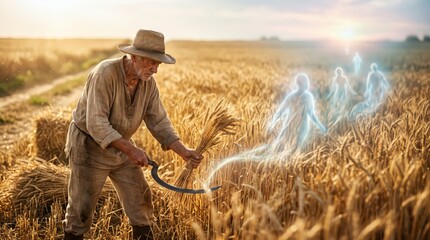 Fototapeta premium Old farmer harvesting wheat with sickle in golden field at sunset. Glowing spirits of souls floating among ears. Biblical parable of harvest and last judgment. Christian religion and faith concept