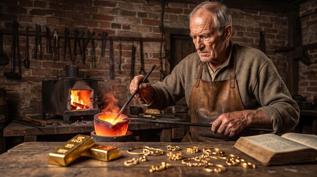 Elderly man goldsmith melting gold in crucible over flame in old workshop. Senior craftsman making jewelry with gold bars and rings on