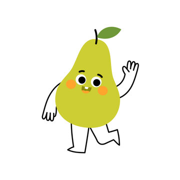Doodle laughing happy green pear character. Simple modern style fruit mascot. Vector illustration isolated on white background.
