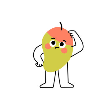 Doodle pensive mango fruit character. Simple modern style fruit mascot. Vector illustration isolated on white background.