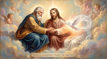 Fototapeta premium Holy Trinity with God the Father, Jesus Christ and white dove of Holy Spirit surrounded by angels in heaven. Catholic religious painting of divine love and