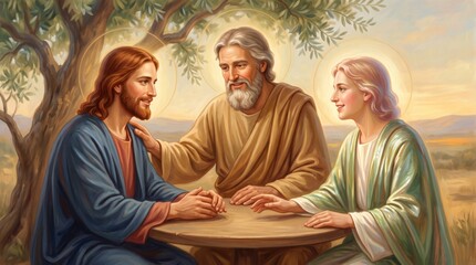 Fototapeta premium Jesus Christ with holy family sitting at wooden table under olive tree. Biblical scene of faith, love and conversation. Christian religious art painting for church, prayer and catholic illustration.