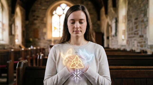 Woman praying in church with glowing holy spirit dove, trinity knot and christogram symbols on hands. Catholic faith, devotion and christian spirituality concept for religion and prayer themes