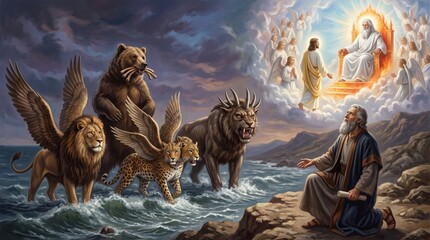 Fototapeta premium Prophet Daniel having apocalyptic vision of four beasts rising from sea. Winged lion, bear, leopard and terrible beast with horns. God on throne in heaven with angels and Jesus