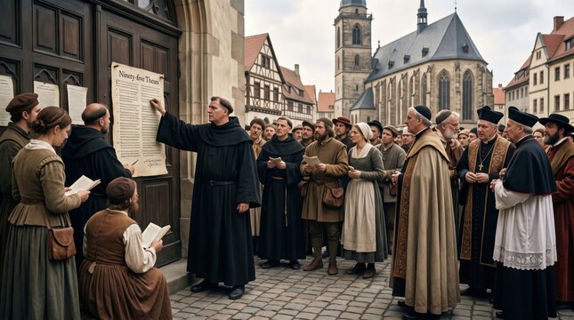 Monk posting ninety-five theses on church door in medieval town. Crowd of citizens, bishops and clergy reading reformation document. Martin Luther and protestant reformation history
