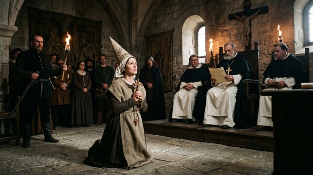 Woman kneeling with cross and rosary at medieval inquisition trial. Judges in robes and monks with crucifix judging accused heretic in castle