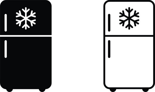 Refrigerator icon set with solid black and outline linear style fridge vectors featuring a cooling snowflake symbol