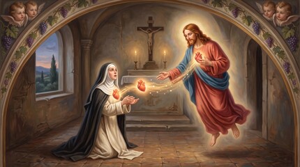 Fototapeta premium Jesus Christ appearing to kneeling nun and giving her sacred heart in chapel. Religious vision of holy woman in monastery church with crucifix and