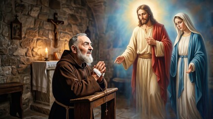 Fototapeta premium Old monk with bandaged hands praying with rosary before apparition of Jesus Christ and Virgin Mary in stone chapel