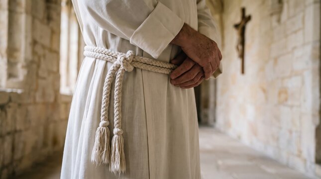 Monk in white robe with rope belt standing in monastery corridor with wooden crucifix on stone wall. Catholic faith and religious devotion concept. Christian monastic life and prayer