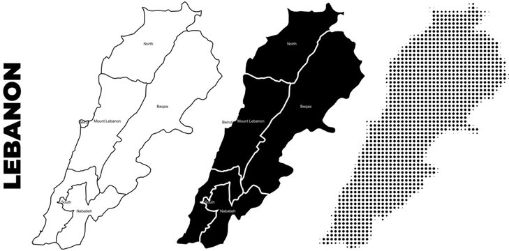 Lithuania map vector set with county administrative divisions in outline, black silhouette, and halftone dot pattern