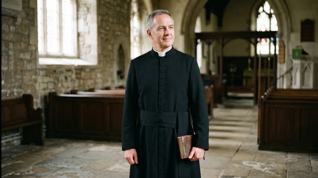 Mature catholic priest holding bible standing in old church. Man pastor in black cassock inside traditional cathedral with wooden pews and stained glass windows. Religion, faith and ministry concept