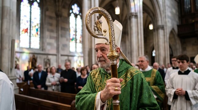 Elderly bishop in green vestments holding golden crozier during catholic mass procession in gothic cathedral. Religious ceremony with priest, altar boys and