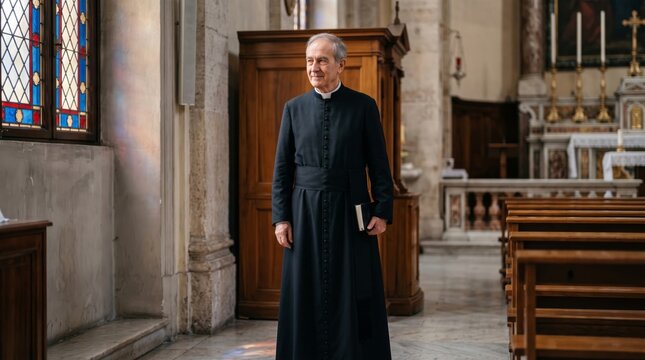 Senior priest in black cassock holding bible standing inside catholic church near confessional and stained glass window. Elderly clergyman praying in