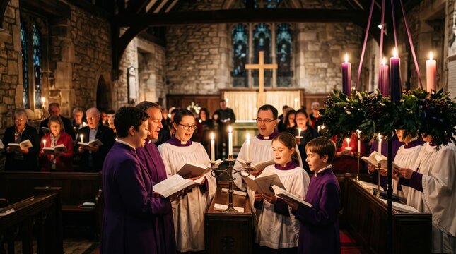 Church choir singing hymns with candles and advent wreath during christmas eve service. Woman and man choir members with kids in purple robes in old stone