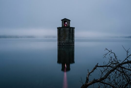 Fogbound lighthouse beacon in calm water at dusk with mirrored reflection