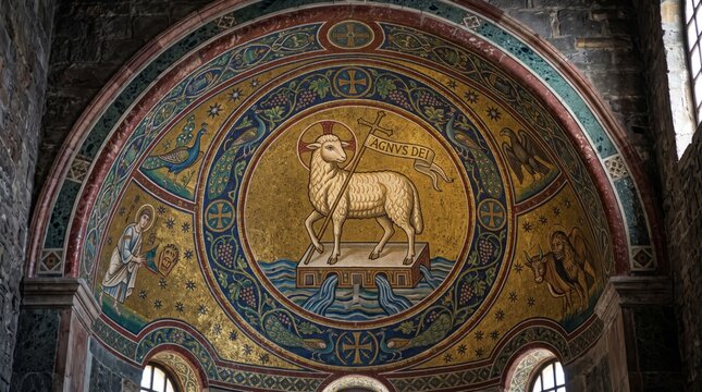 Ancient Byzantine mosaic of Agnus Dei lamb of God with cross in church apse. Religious art with peacocks, apostles and evangelist