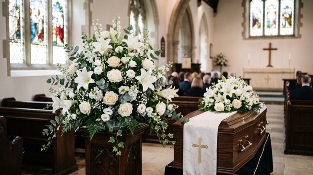 Wooden coffin with white cross cloth and flower arrangement of lily and rose inside church during funeral ceremony. Christian burial service with mourners at