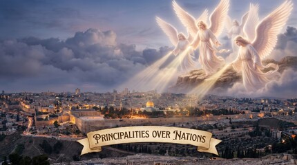 Fototapeta premium Angels with white wings shining light over Jerusalem city at dusk. Spiritual guardians watching over holy land. Biblical concept of principalities over nations, faith and divine protection in