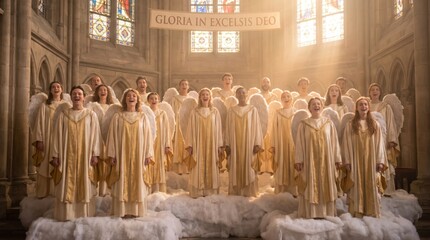 Fototapeta premium Choir of angels singing gloria in excelsis deo in gothic cathedral. Men and women in white robes with wings praising god on clouds. Christmas celebration and catholic faith concept