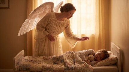 Fototapeta premium Guardian angel woman with wings watching over sleeping child girl in bed. Heavenly protection and care concept. Religion, faith and spirituality. Divine love, comfort and blessing for peaceful sleep