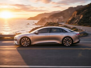 Fototapeta premium Sleek silver electric sedan cruising dynamically along a winding coastal cliff road during a vibrant golden hour sunset over the ocean.
